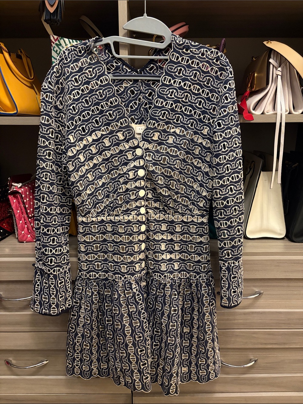 Sandro Navy & Cream Chain-Link Long Sleeve Dress